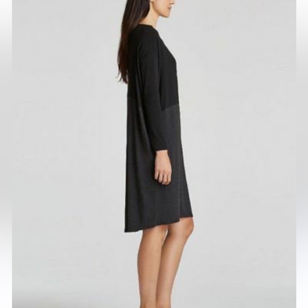 Eileen Fisher Black & Gray Colorblock Jersey Crewneck Long Sleeve Shift Dress M